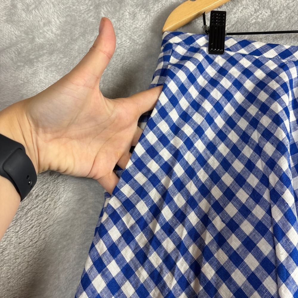 J.Crew Skirt Mini Gingham Linen A-Line 12 Blue White Pockets Preppy Vacation - Picture 4 of 7